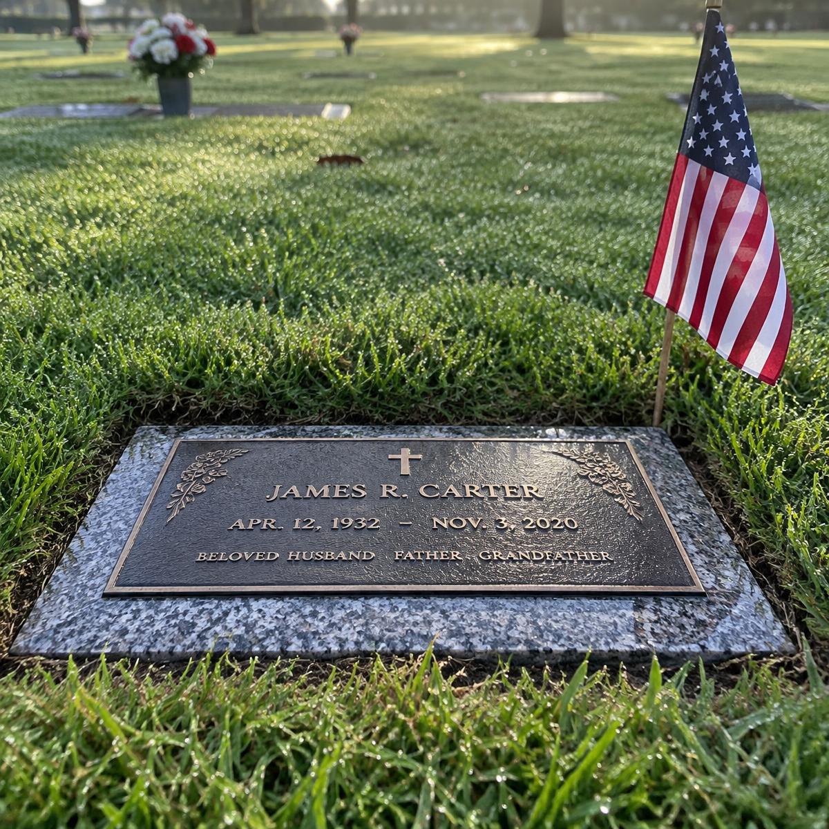 A memorial headstone in a grassy cemetery with an American flag standing beside it. The rectangular plaque reads James R.