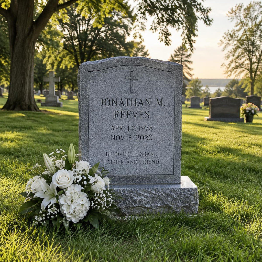 A gray stone gravestone in a grassy cemetery with trees and other headstones in the background. A white floral arrangement rests at the base of the gravestone, which is engraved with the name Jonathan M.