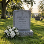 A gray stone gravestone in a grassy cemetery with trees and other headstones in the background. A white floral arrangement rests at the base of the gravestone, which is engraved with the name Jonathan M.