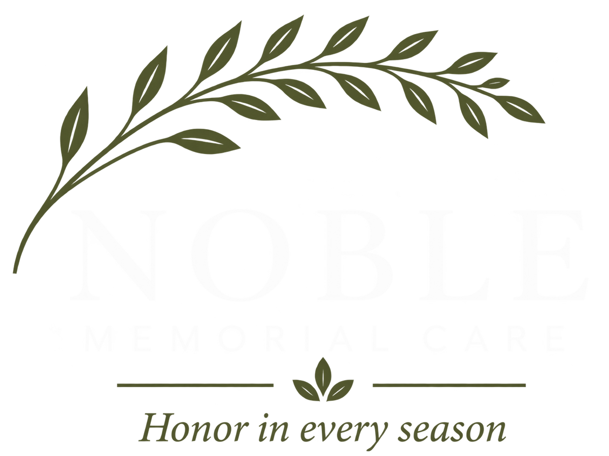 A dark olive green decorative leafy branch graphic above faint text reading NOBLE MEMORIAL CARE, with the phrase 'Honor in every season' below on a white background.