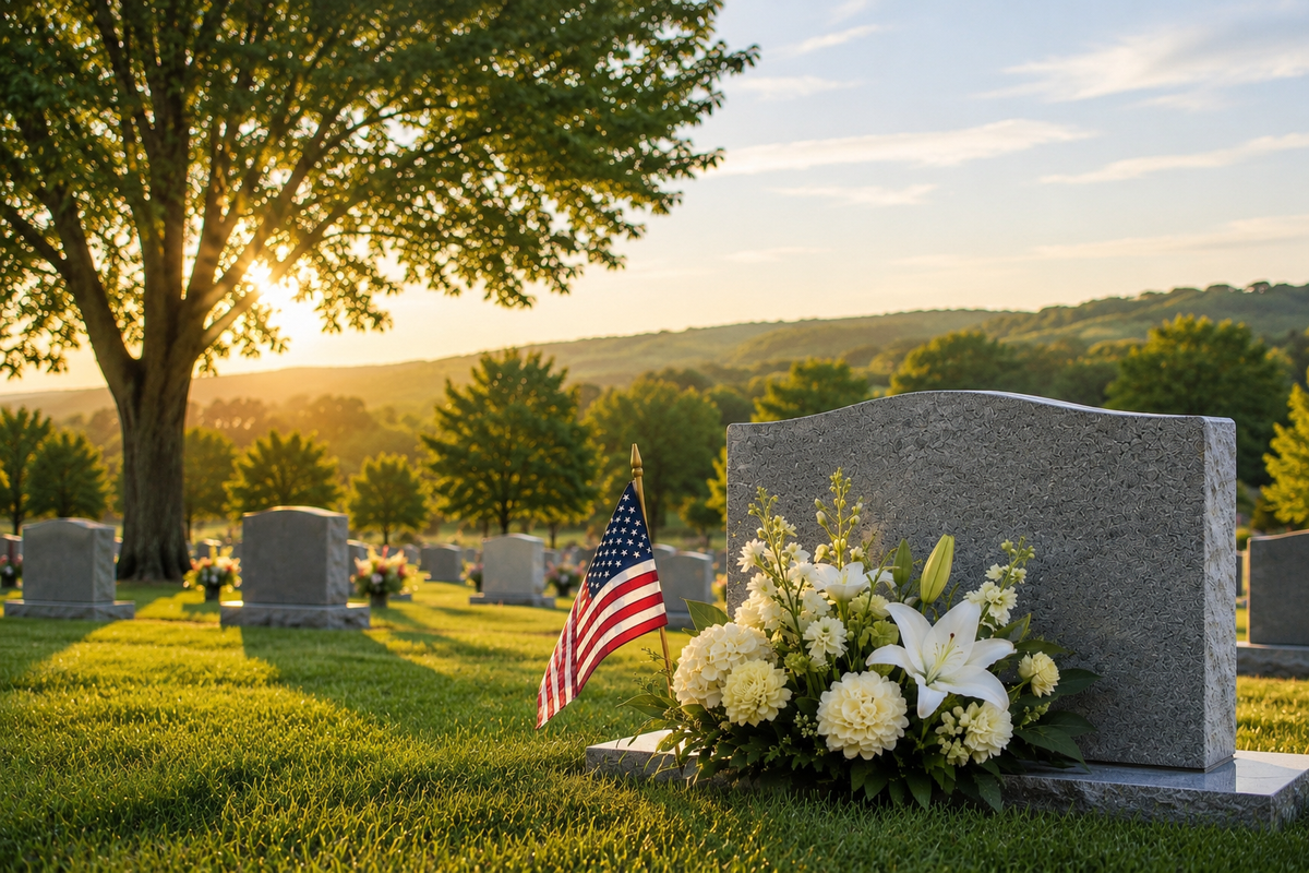 A gray granite cemetery headstone in a grassy field at sunset, decorated with a white floral arrangement and a small American flag. Other gravestones, trees, and rolling hills are visible in the background.